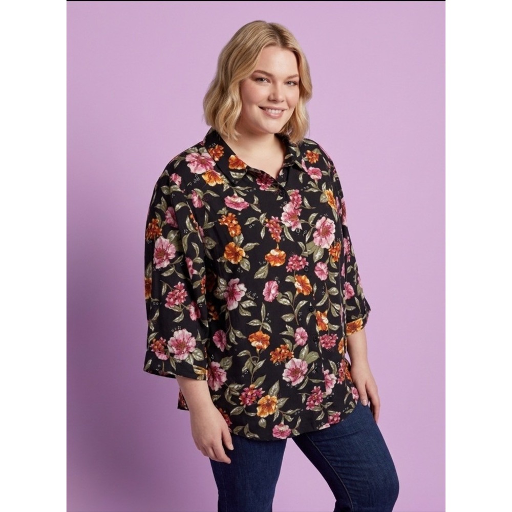 Only Necessities Woman 3X Floral Black Button Up Shirt Blouse Top 3/4 Sleeve